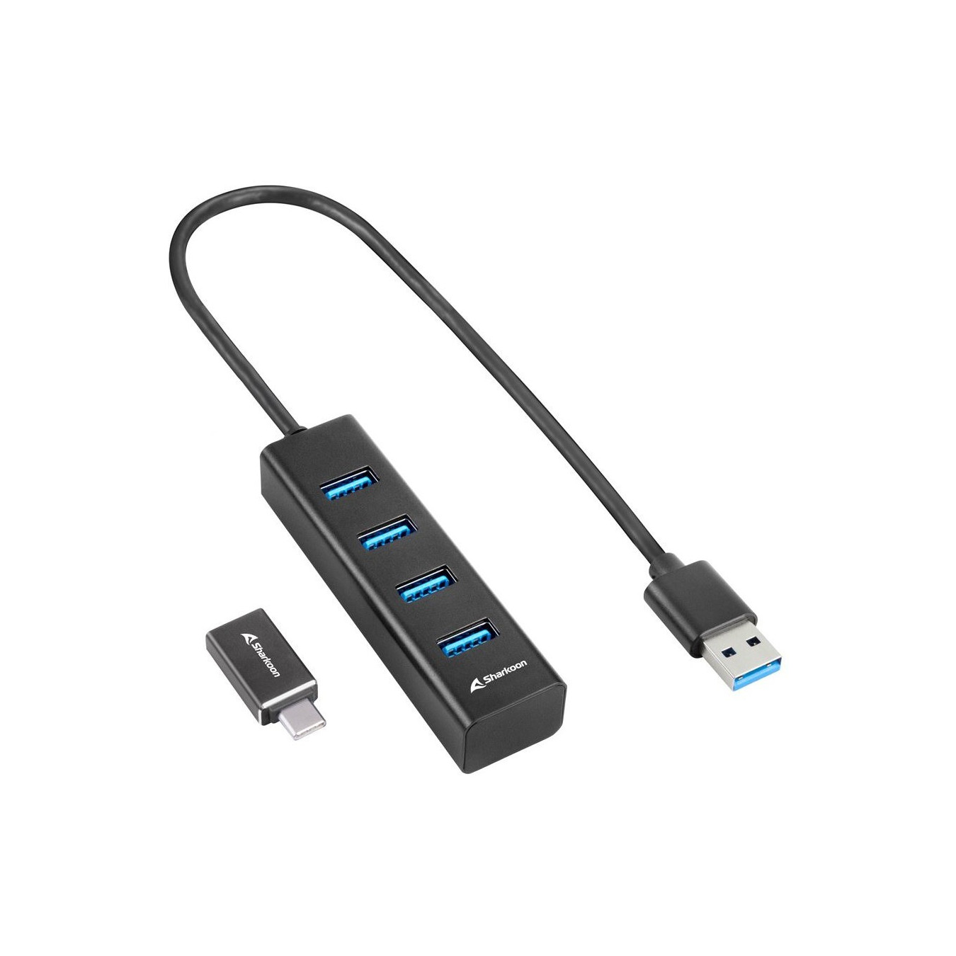 Sharkoon 4-Port USB 3.2 Gen 1 Aluminum Hub - 4044951037582 - Type-C to 4× USB-A, Black, 0.45m Cable