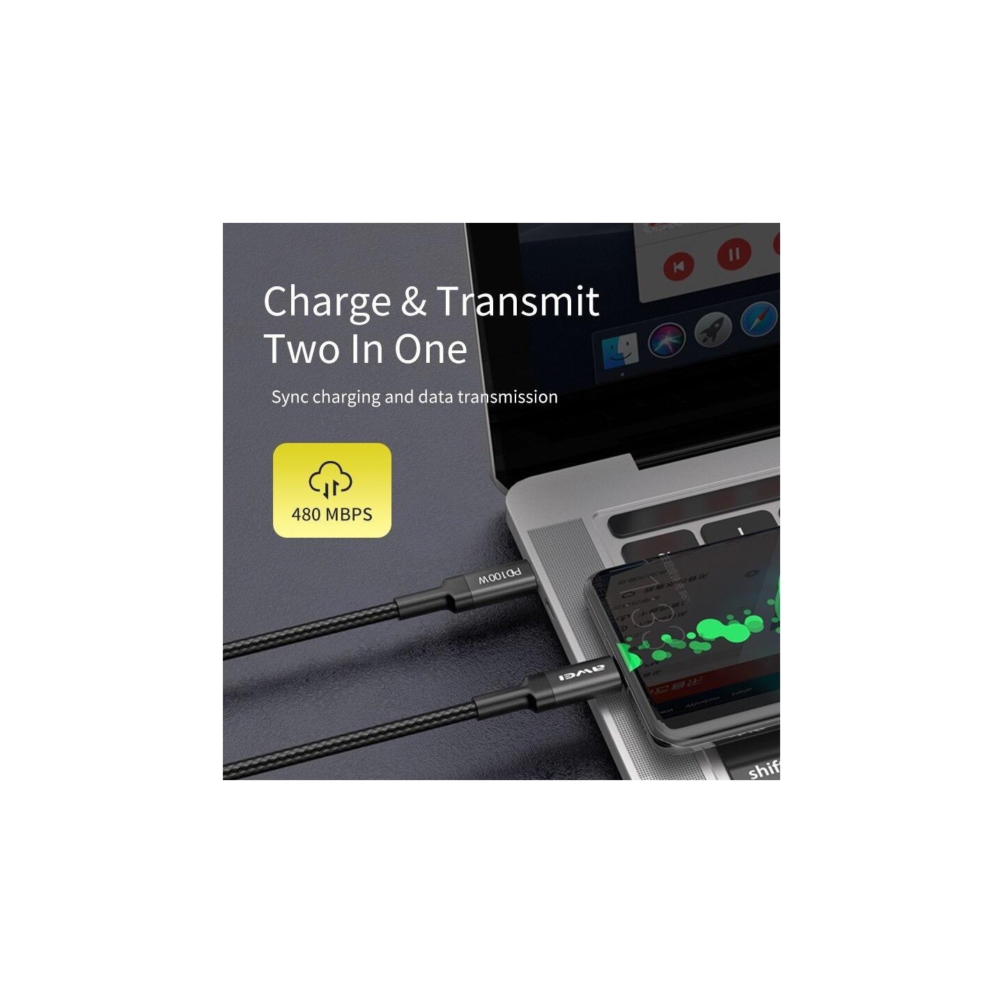 USB Cable Awei CL 117t 100W Type C to Type C 20V / 5A -  Official distributor