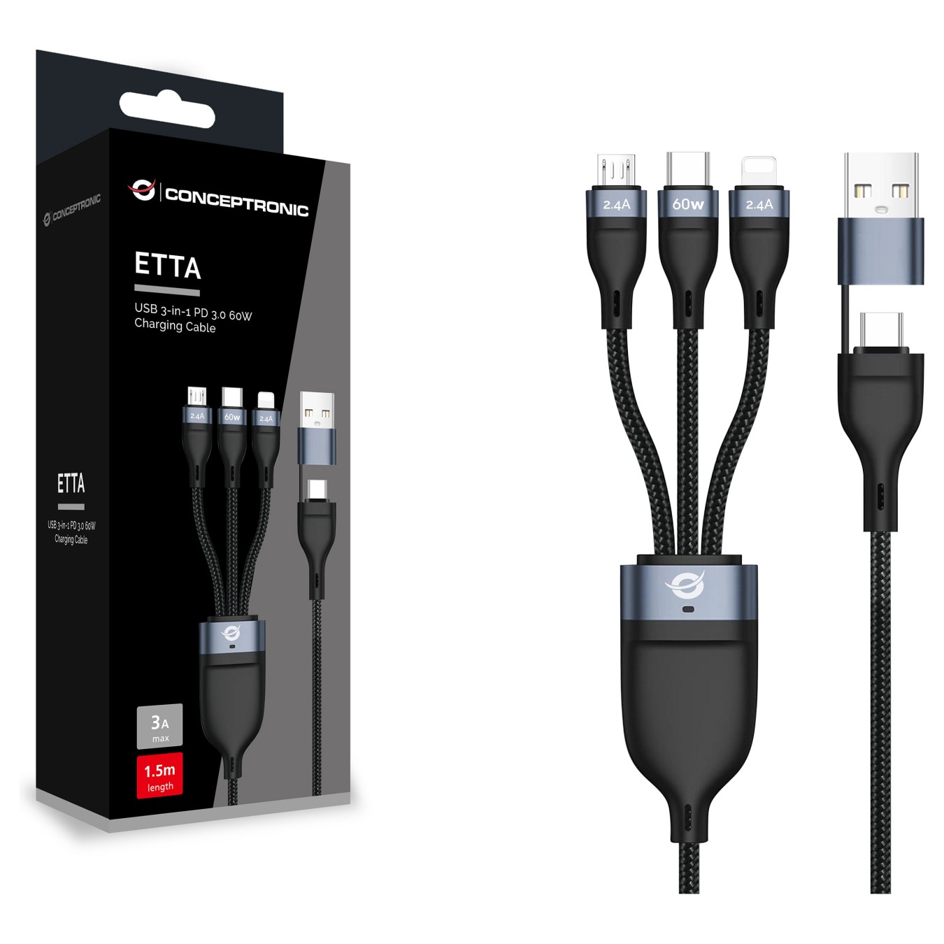 Buy CONCEPTRONIC Kabel USB-C -A3.0- to C MicroB + 480Mbs 1.50m sw in Cyprus, Nicosia, Limassol, Larnaka, Pafos