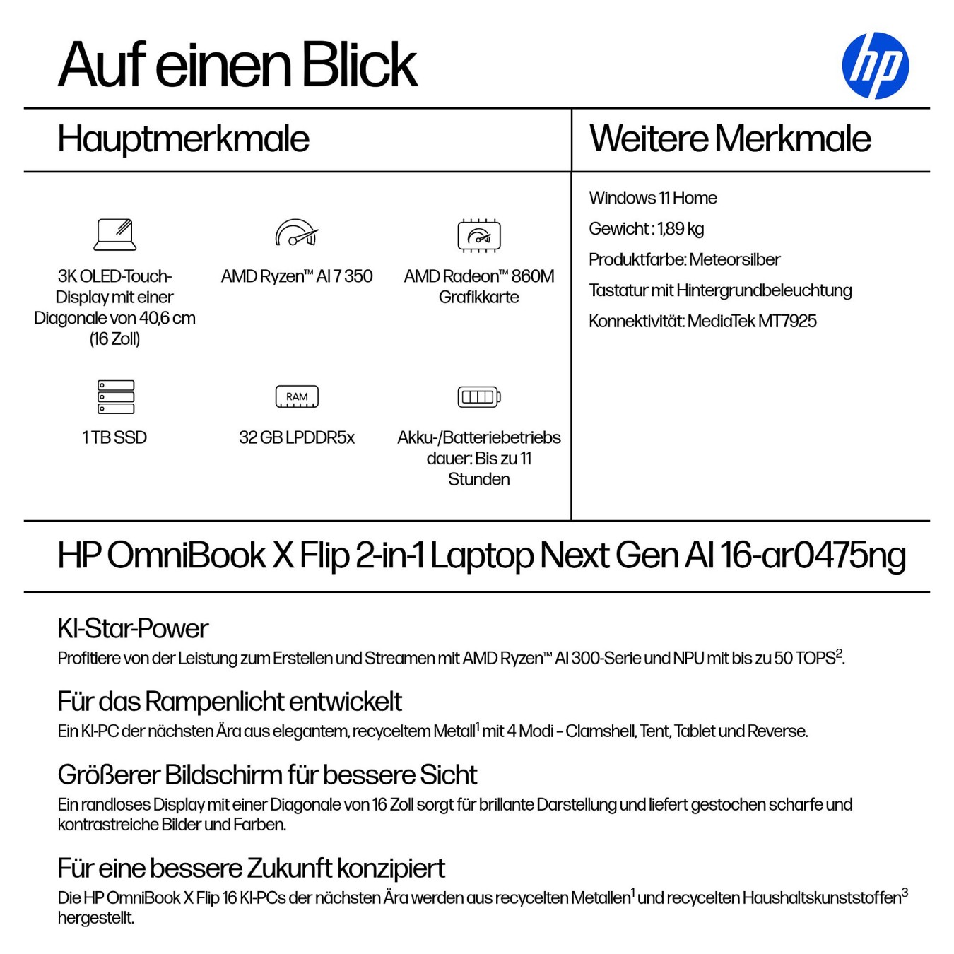 Buy HP OmniBook X Flip 16-ar0475ng RYZ AI 7 350 32GB 1TBSSD W11 Home Touch in Cyprus, Nicosia, Limassol, Larnaka, Pafos