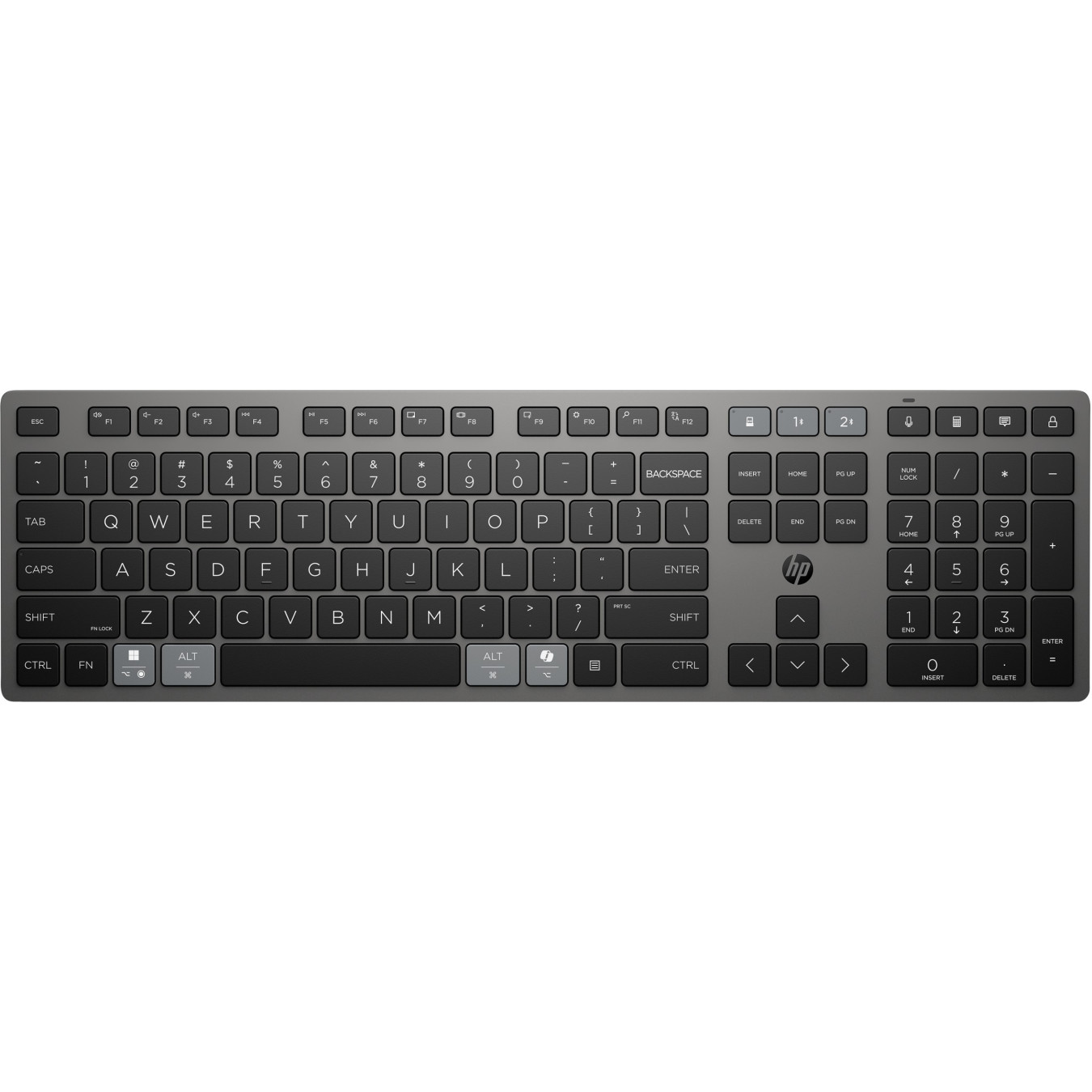 HP 725 - Rechargeable Wireless Full-Size Keyboard - Grey, RF 2.4GHz + Bluetooth, Built-in Battery
