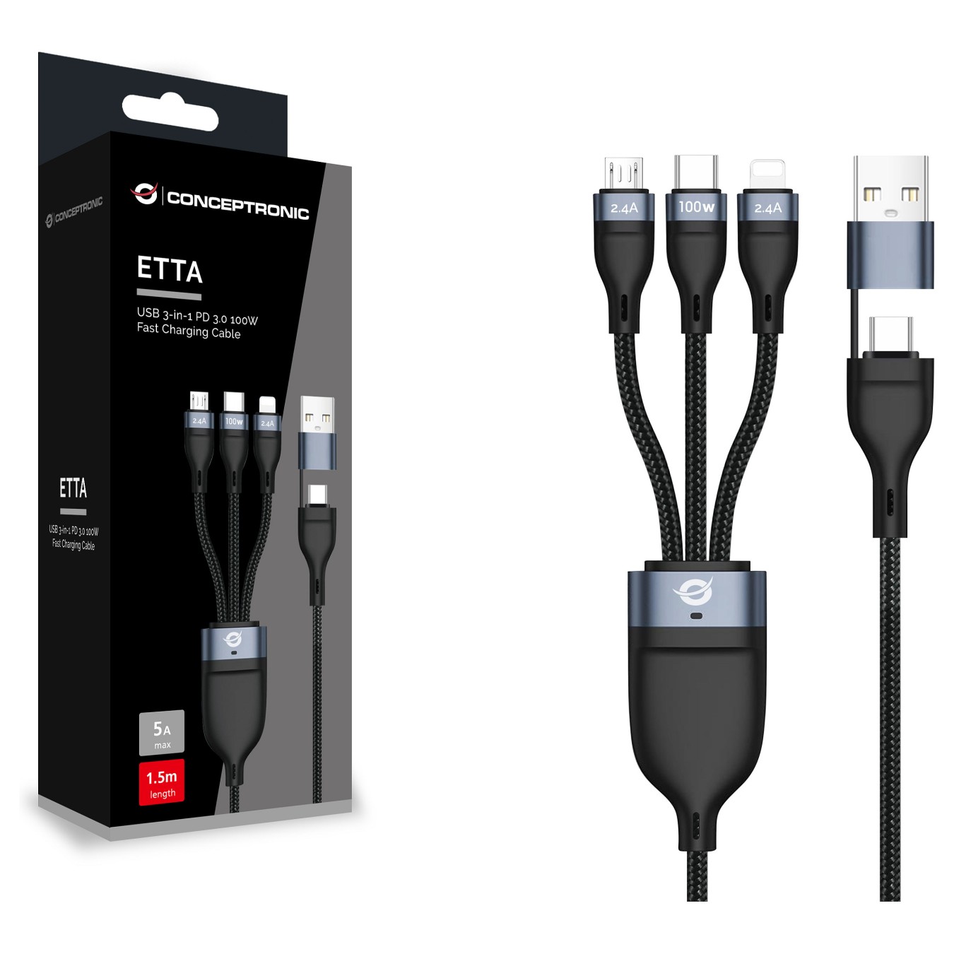 Buy CONCEPTRONIC Kabel USB-C -A3.0- to C MicroB + 480Mbs 1.50m sw in Cyprus, Nicosia, Limassol, Larnaka, Pafos