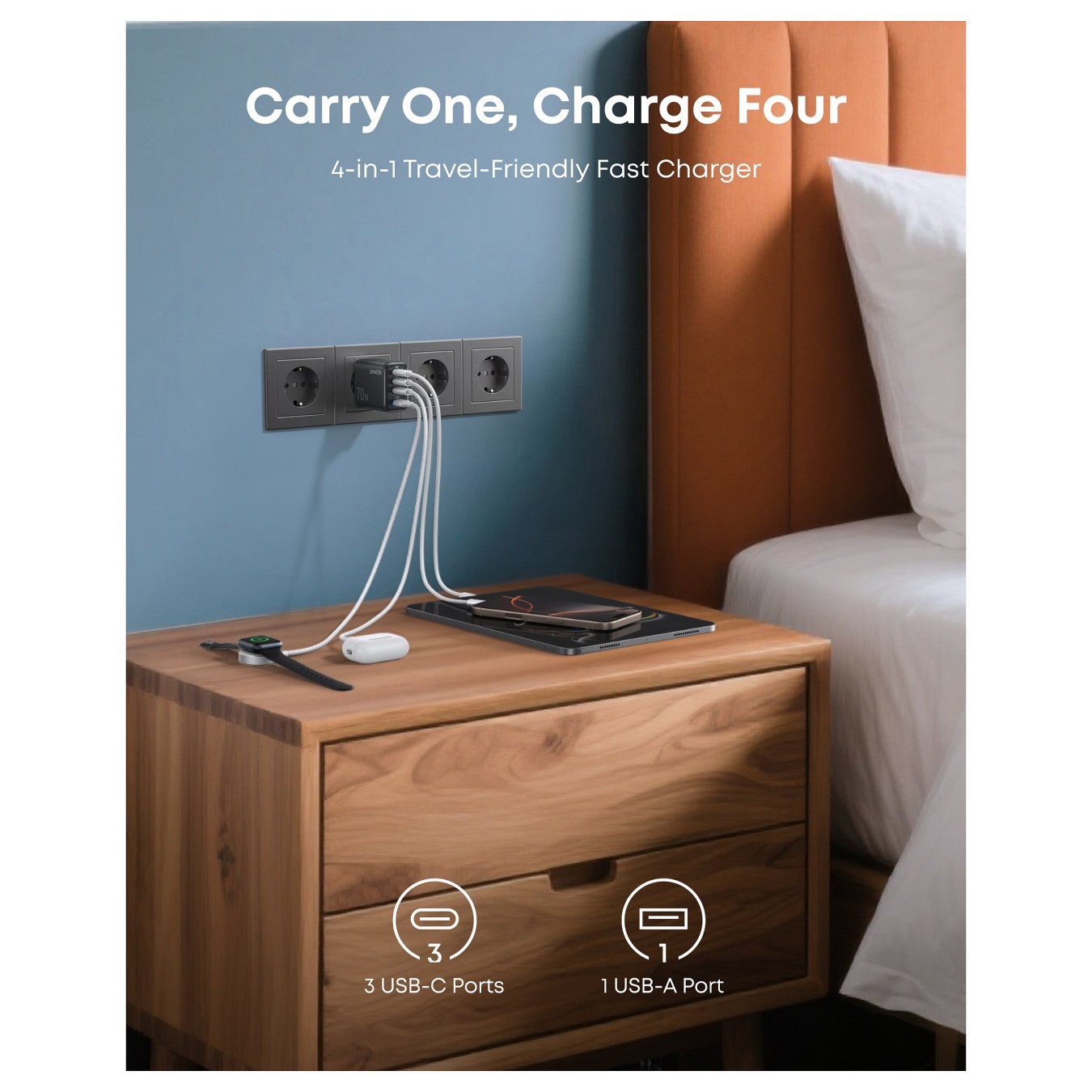 Buy ANKER Zolo Charger 70W Ladegert 3x USB-C 1x USB-A dunkelgrau in Cyprus, Nicosia, Limassol, Larnaka, Pafos
