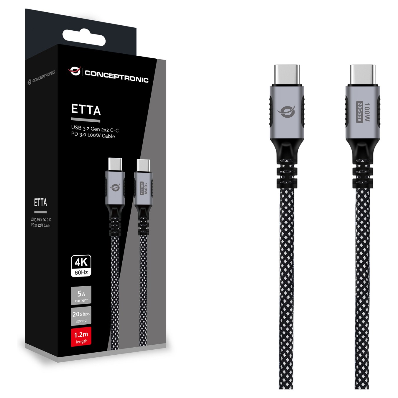Buy CONCEPTRONIC Kabel USB-C3.2- to C 100W PD3.0 20Gbs 1.20m sw in Cyprus, Nicosia, Limassol, Larnaka, Pafos
