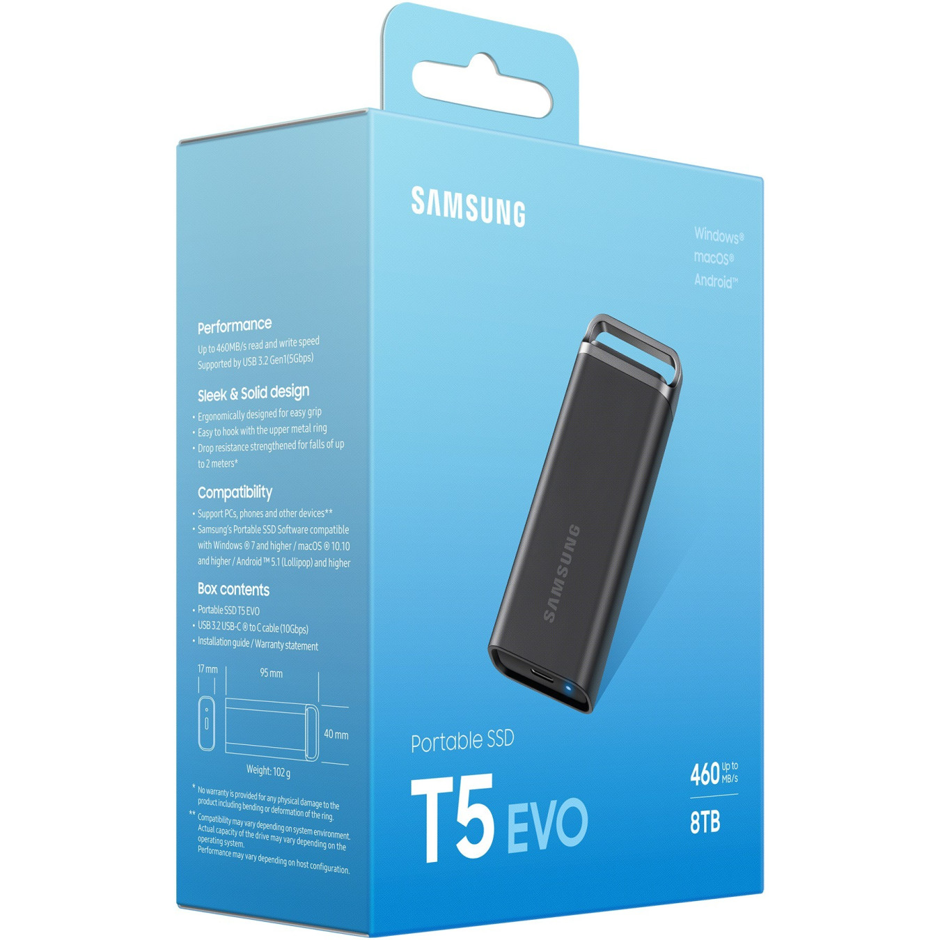 Samsung Portable T5 EVO - MU-PH8T0S - 8TB USB 3.2 Gen1 Portable SSD, Black, 460 MB/s, Hardware Encryption
