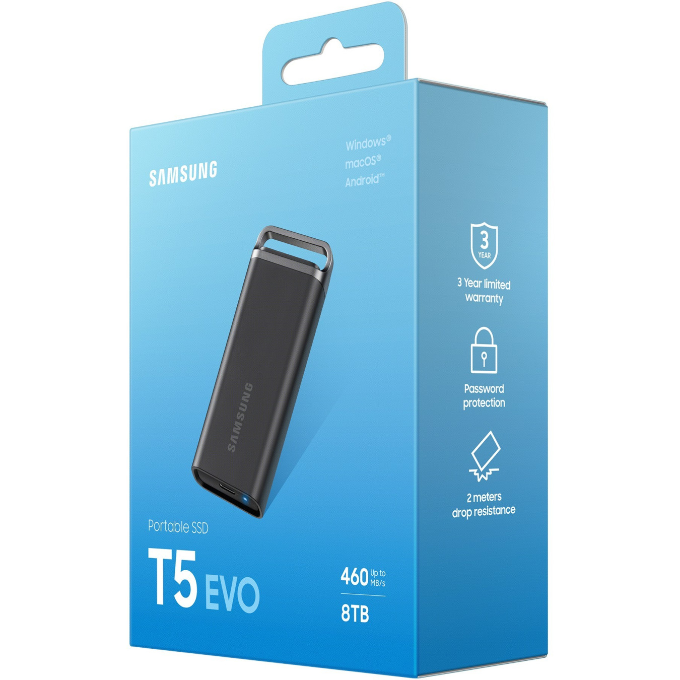 Samsung Portable T5 EVO - MU-PH8T0S - 8TB USB 3.2 Gen1 Portable SSD, Black, 460 MB/s, Hardware Encryption