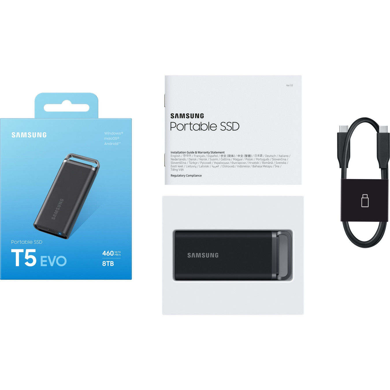 Samsung Portable T5 EVO - MU-PH8T0S - 8TB USB 3.2 Gen1 Portable SSD, Black, 460 MB/s, Hardware Encryption