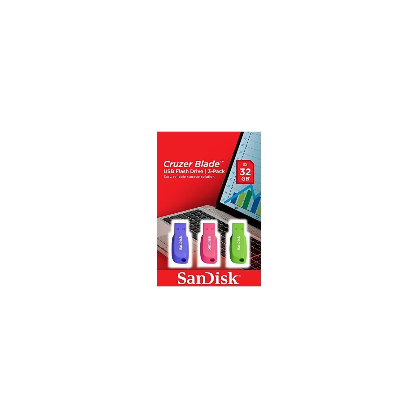SanDisk Cruzer Blade USB Flash Drive - 32GB - USB-A 2.0 - Capless Keyring - Blue/Green/Pink (3-Pack)