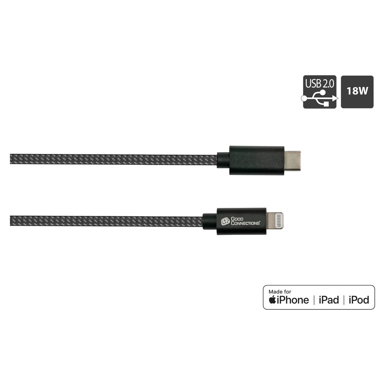 Buy GoodConnections USB-C 2.0 to Lightning (ST-ST) 0,5m Ladekabel Textilmantel 18W Schwarz in Cyprus, Nicosia, Limassol, Larnaka