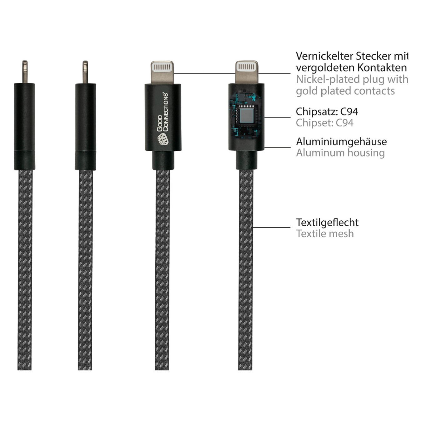 Buy GoodConnections USB-C 2.0 to Lightning (ST-ST) 0,5m Ladekabel Textilmantel 18W Schwarz in Cyprus, Nicosia, Limassol, Larnaka