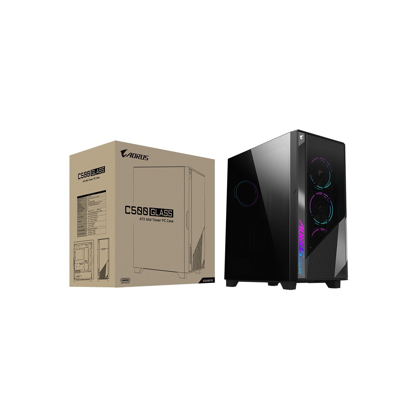 GIGABYTE GB-AC500G - Mid Tower PC Case, Black, Tempered Glass, 4x Fans, E-ATX/ATX/mATX/ITX, USB-C
