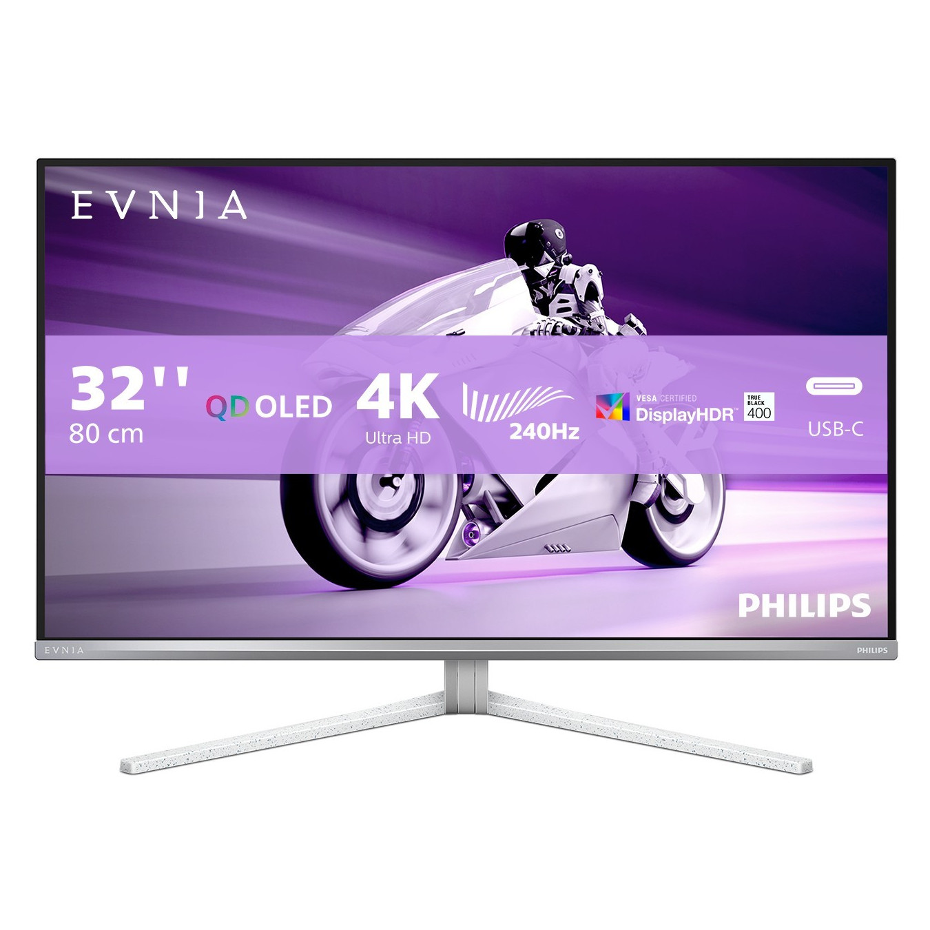 Philips Evnia 32M2N8900 - 31.5in QD-OLED 4K 240Hz Gaming Monitor, White, 2xHDMI 2.1, DP 1.4, USB-C 65W