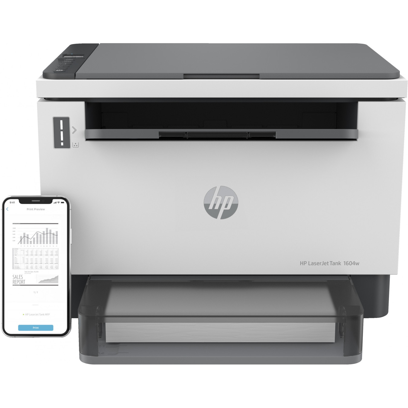 HP LaserJet Tank MFP 1604w - Mono Laser 3-in-1 Printer, Black, Wi-Fi & Bluetooth LE, 64MB, 500 MHz, 5000-page Starter Cartridge