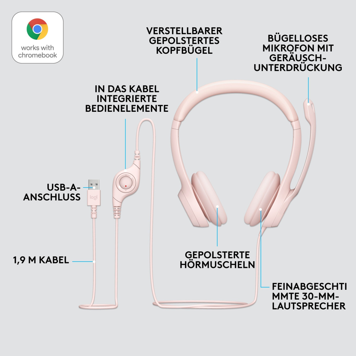 Logitech H390 USB-A Wired On-Ear Headset - Rose, Boom Microphone, In-line Mute & Rotary Volume, 1.9m Cable