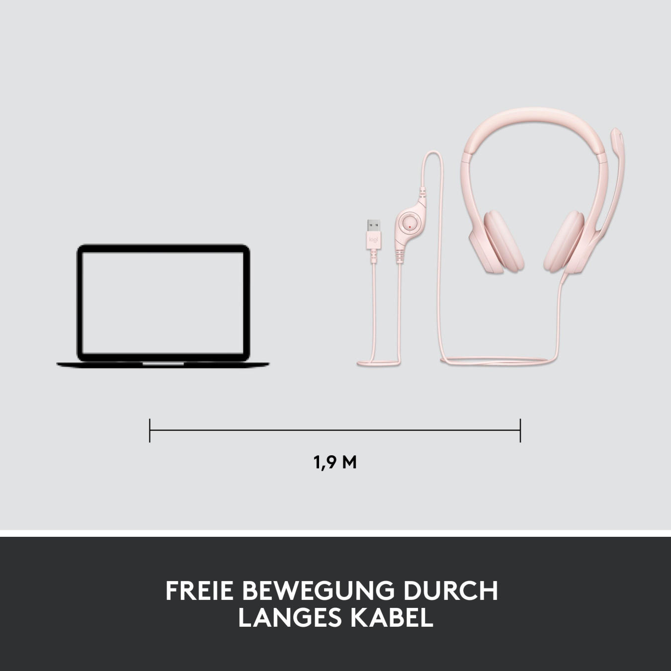 Logitech H390 USB-A Wired On-Ear Headset - Rose, Boom Microphone, In-line Mute & Rotary Volume, 1.9m Cable