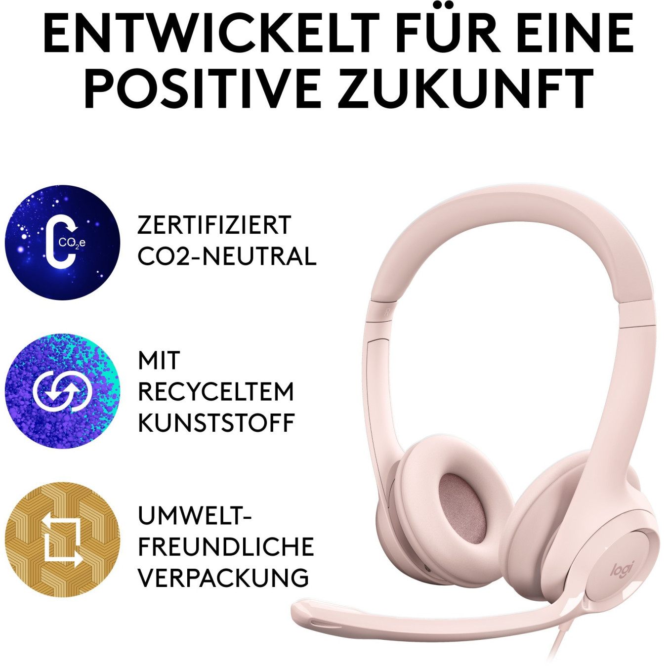 Logitech H390 USB-A Wired On-Ear Headset - Rose, Boom Microphone, In-line Mute & Rotary Volume, 1.9m Cable
