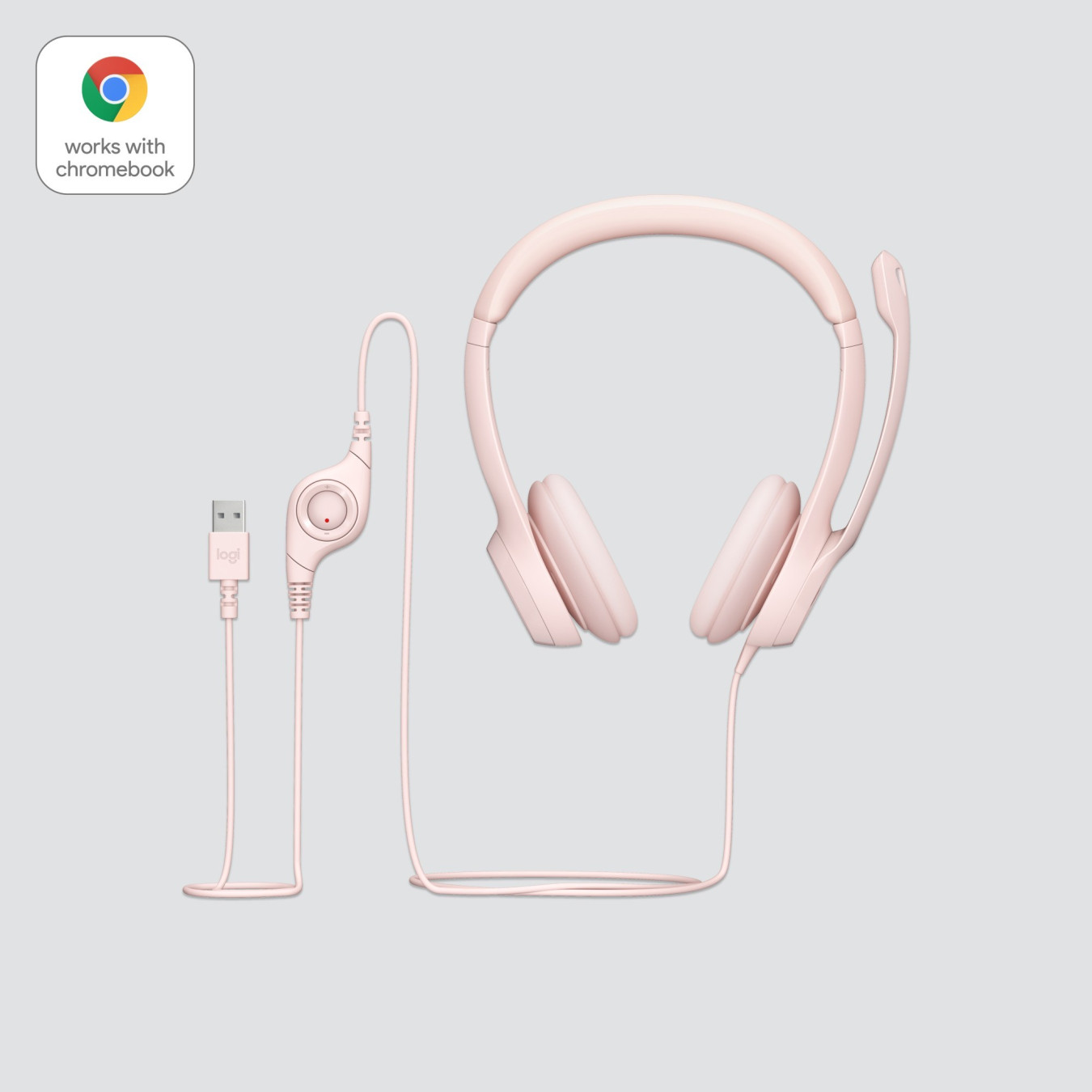 Logitech H390 USB-A Wired On-Ear Headset - Rose, Boom Microphone, In-line Mute & Rotary Volume, 1.9m Cable