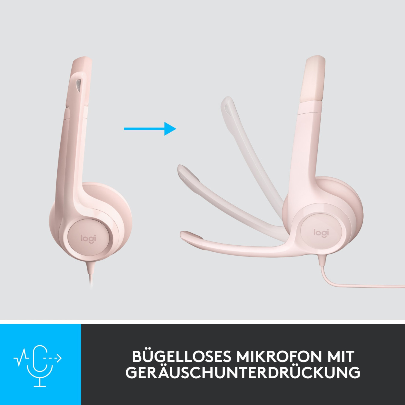 Logitech H390 USB-A Wired On-Ear Headset - Rose, Boom Microphone, In-line Mute & Rotary Volume, 1.9m Cable