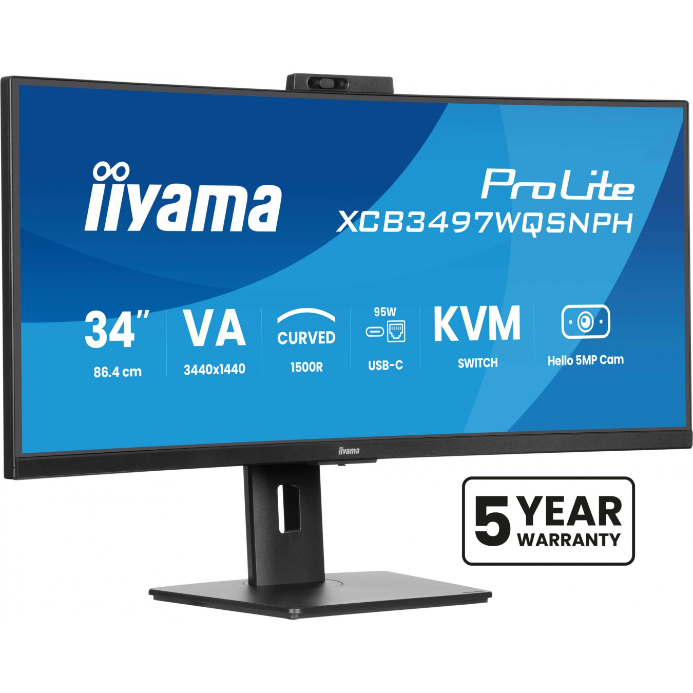 iiyama ProLite XCB3497WQSNPH - 34" (86.4cm) Curved UWQHD 21:9 VA Monitor, 120Hz, USB-C Dock, Windows Hello Camera, Black