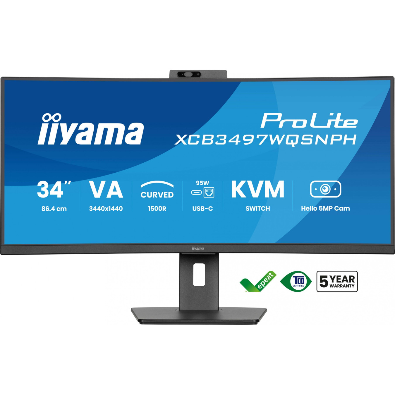 iiyama ProLite XCB3497WQSNPH - 34" (86.4cm) Curved UWQHD 21:9 VA Monitor, 120Hz, USB-C Dock, Windows Hello Camera, Black