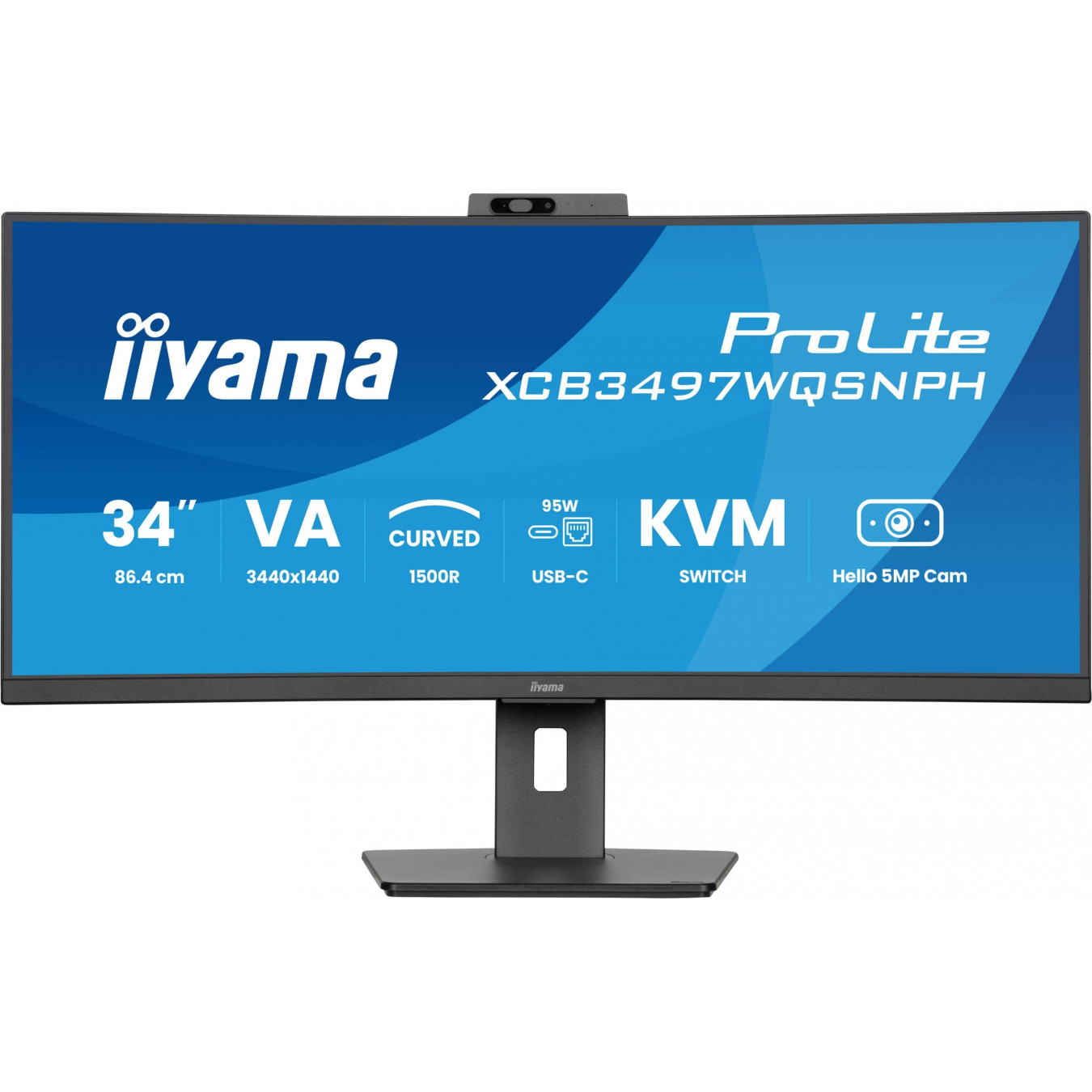 iiyama ProLite XCB3497WQSNPH - 34" (86.4cm) Curved UWQHD 21:9 VA Monitor, 120Hz, USB-C Dock, Windows Hello Camera, Black