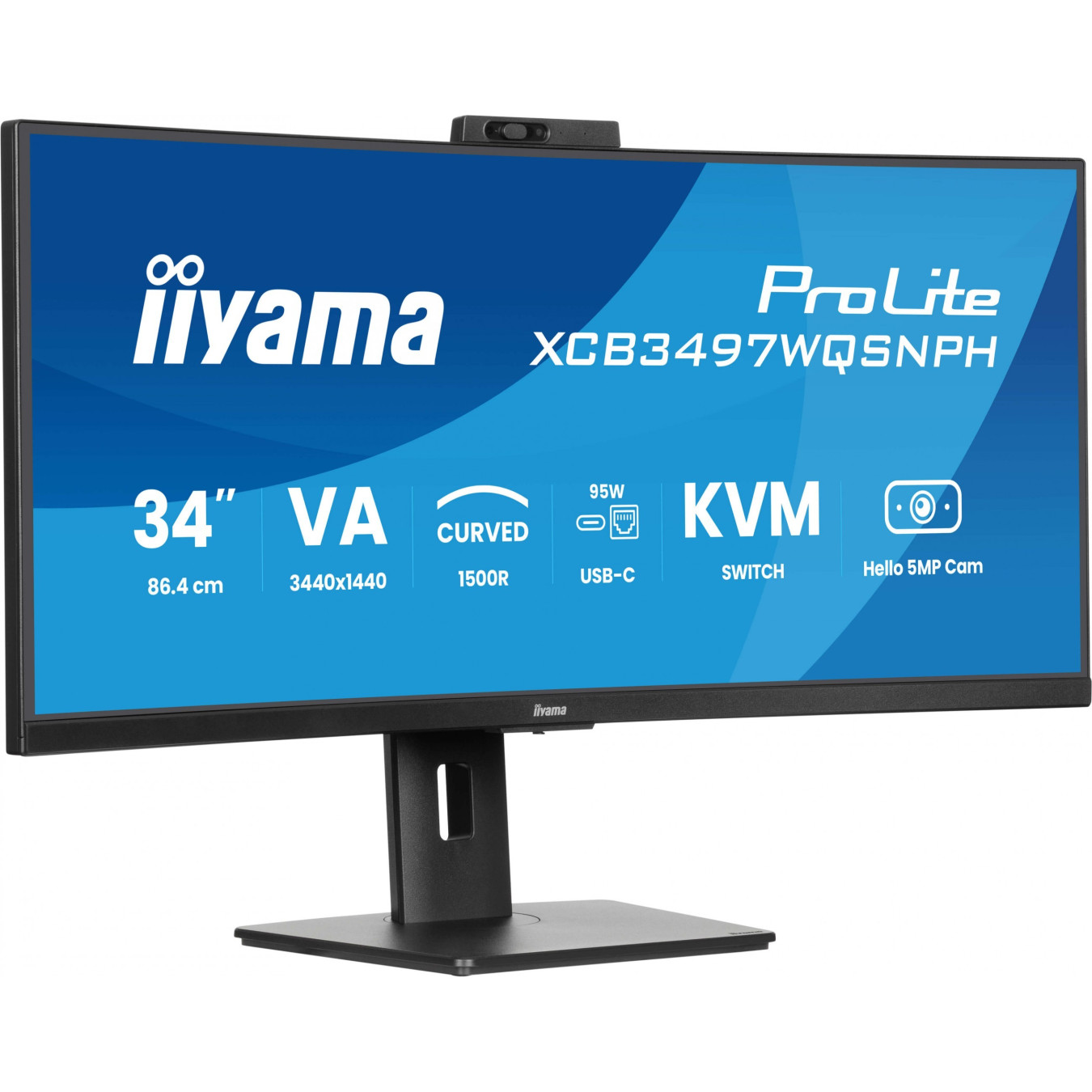 iiyama ProLite XCB3497WQSNPH - 34" (86.4cm) Curved UWQHD 21:9 VA Monitor, 120Hz, USB-C Dock, Windows Hello Camera, Black