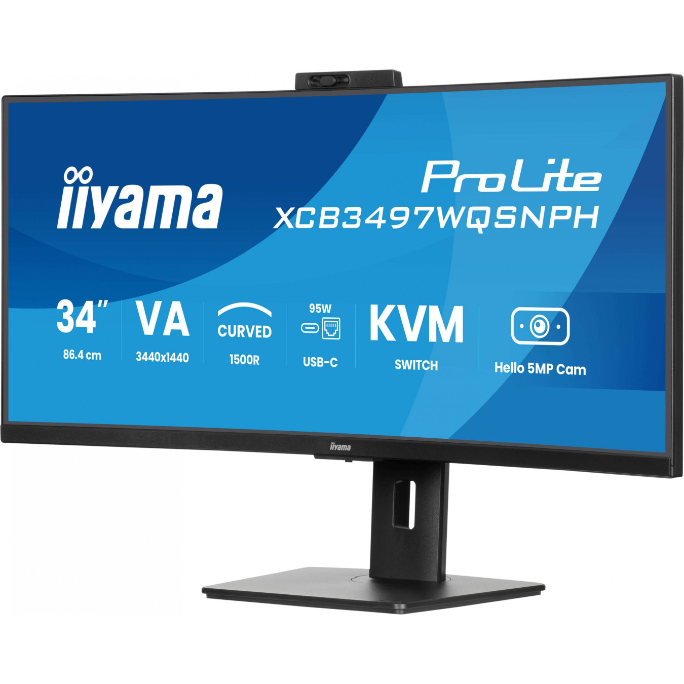 iiyama ProLite XCB3497WQSNPH - 34" (86.4cm) Curved UWQHD 21:9 VA Monitor, 120Hz, USB-C Dock, Windows Hello Camera, Black