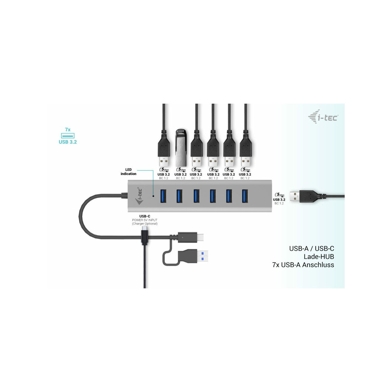 i-tec USB-C 7-Port Charging Hub - USB 3.2 Gen 1 5Gbps - Grey, 0.3m Cable — Buy in Cyprus with Fast Delivery