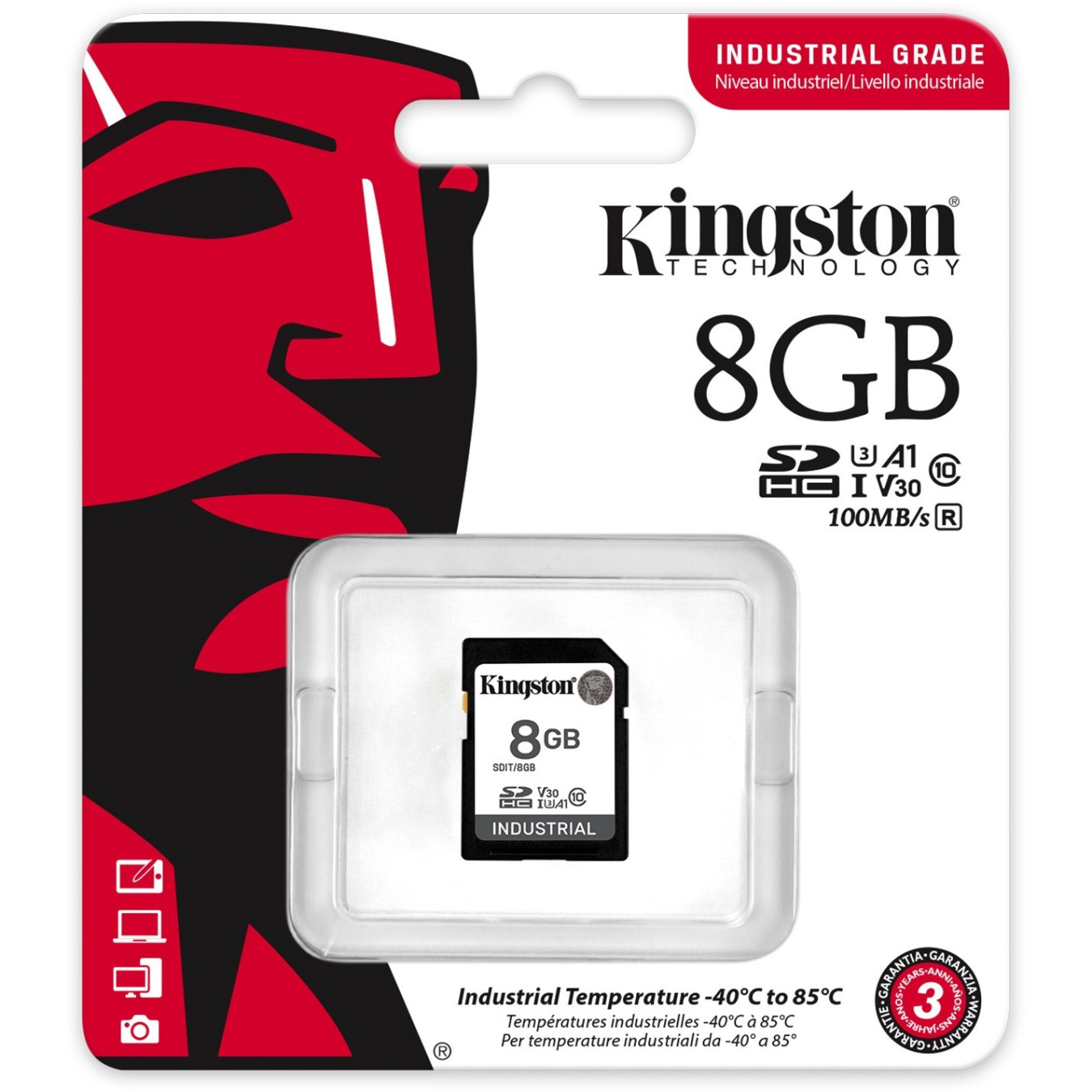 Kingston Industrial 8GB pSLC SD Card - Black, Class 10 UHS-I (U3/V30), 100/80MB/s, -40–85°C
