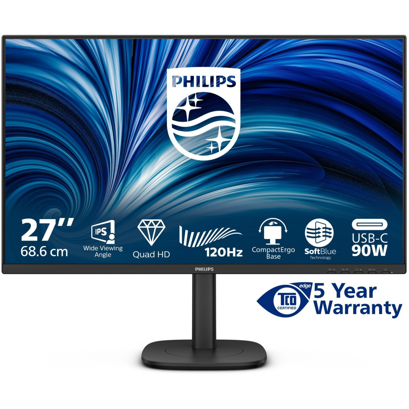 Philips 27B2U3601 - 27-inch QHD IPS Monitor, 120Hz, 4ms, USB-C 90W, HDMI+DP, Height-Adjustable - Black