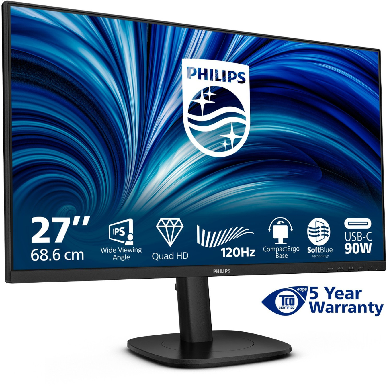 Philips 27B2U3601 - 27-inch QHD IPS Monitor, 120Hz, 4ms, USB-C 90W, HDMI+DP, Height-Adjustable - Black