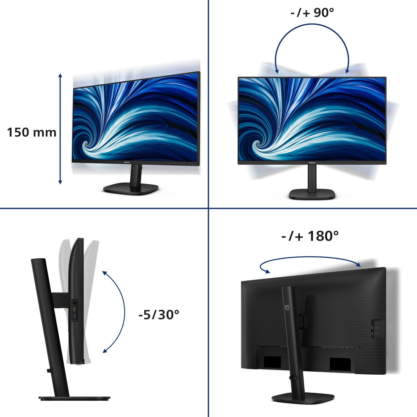 Philips 27B2U3601 - 27-inch QHD IPS Monitor, 120Hz, 4ms, USB-C 90W, HDMI+DP, Height-Adjustable - Black