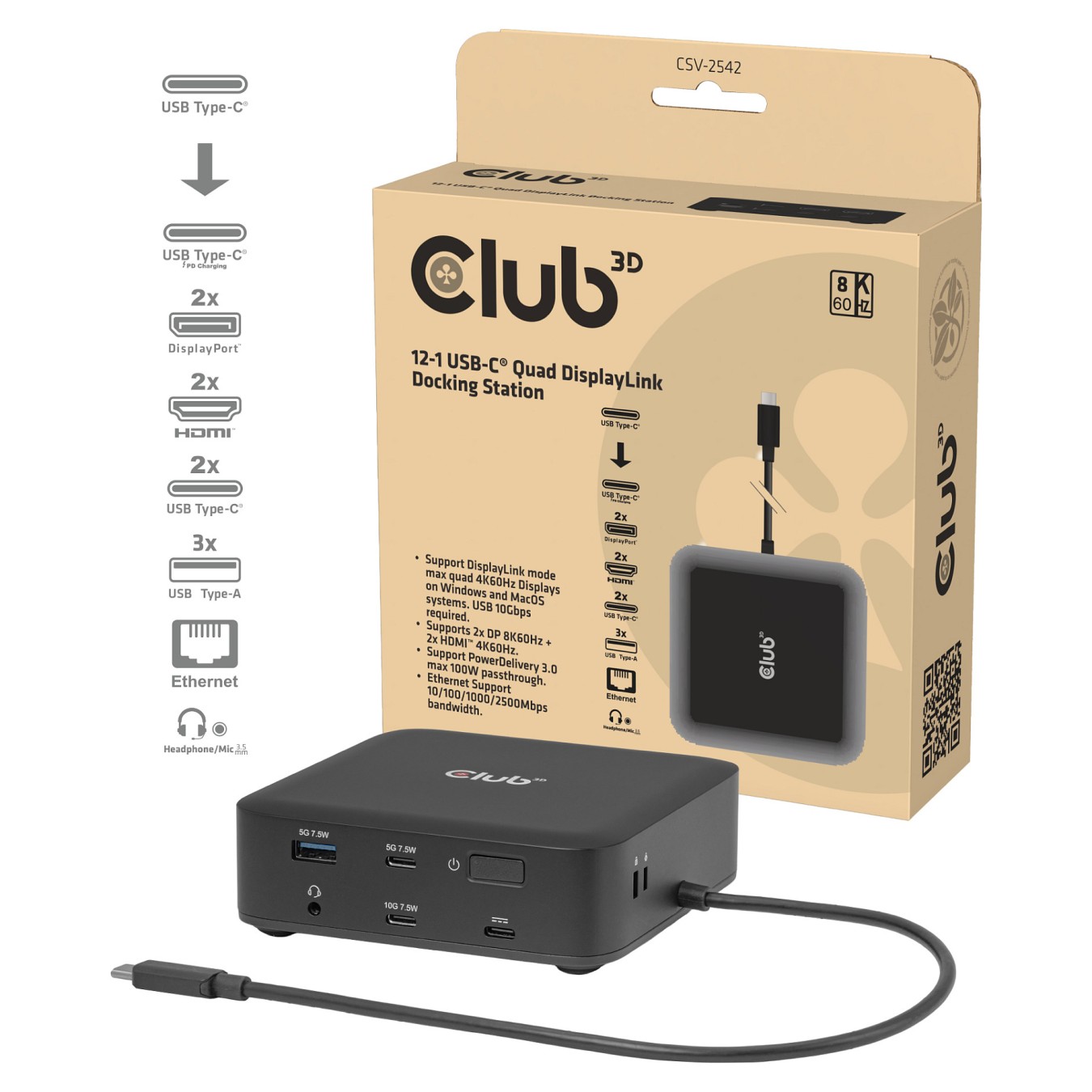 Buy Club3D USB-C 12in1-Dock to 2xDP 2xHDMI 3xUSB-C 8K30Hz PD100W in Cyprus, Nicosia, Limassol, Larnaka, Pafos