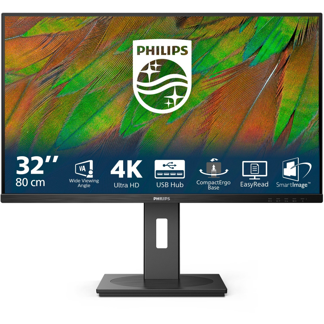 Philips 32B1N3800 32" 4K VA Monitor - HDMI 2.0, DP1.4, 4ms GTG, USB Hub, Height-Adjustable, Black
