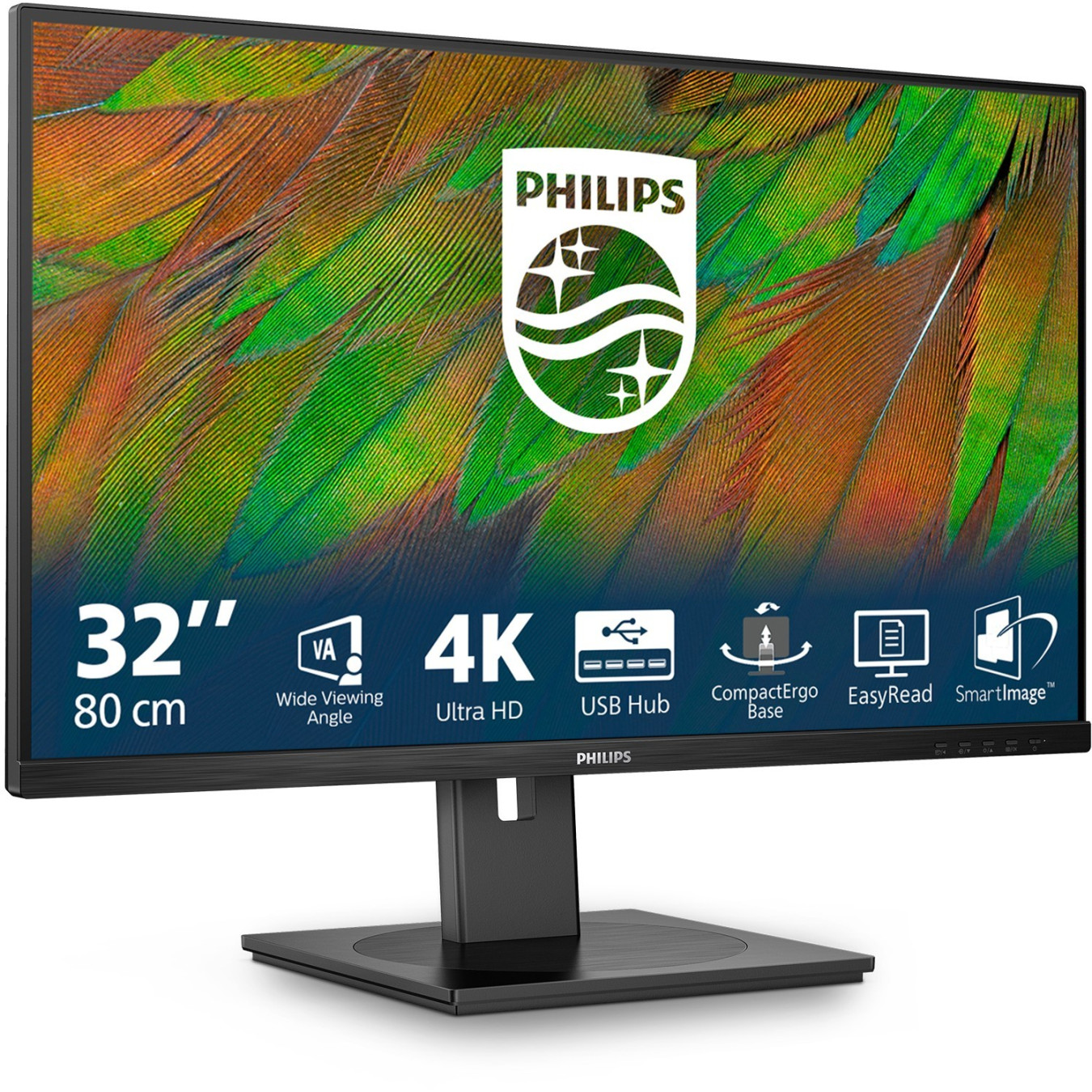 Philips 32B1N3800 32" 4K VA Monitor - HDMI 2.0, DP1.4, 4ms GTG, USB Hub, Height-Adjustable, Black