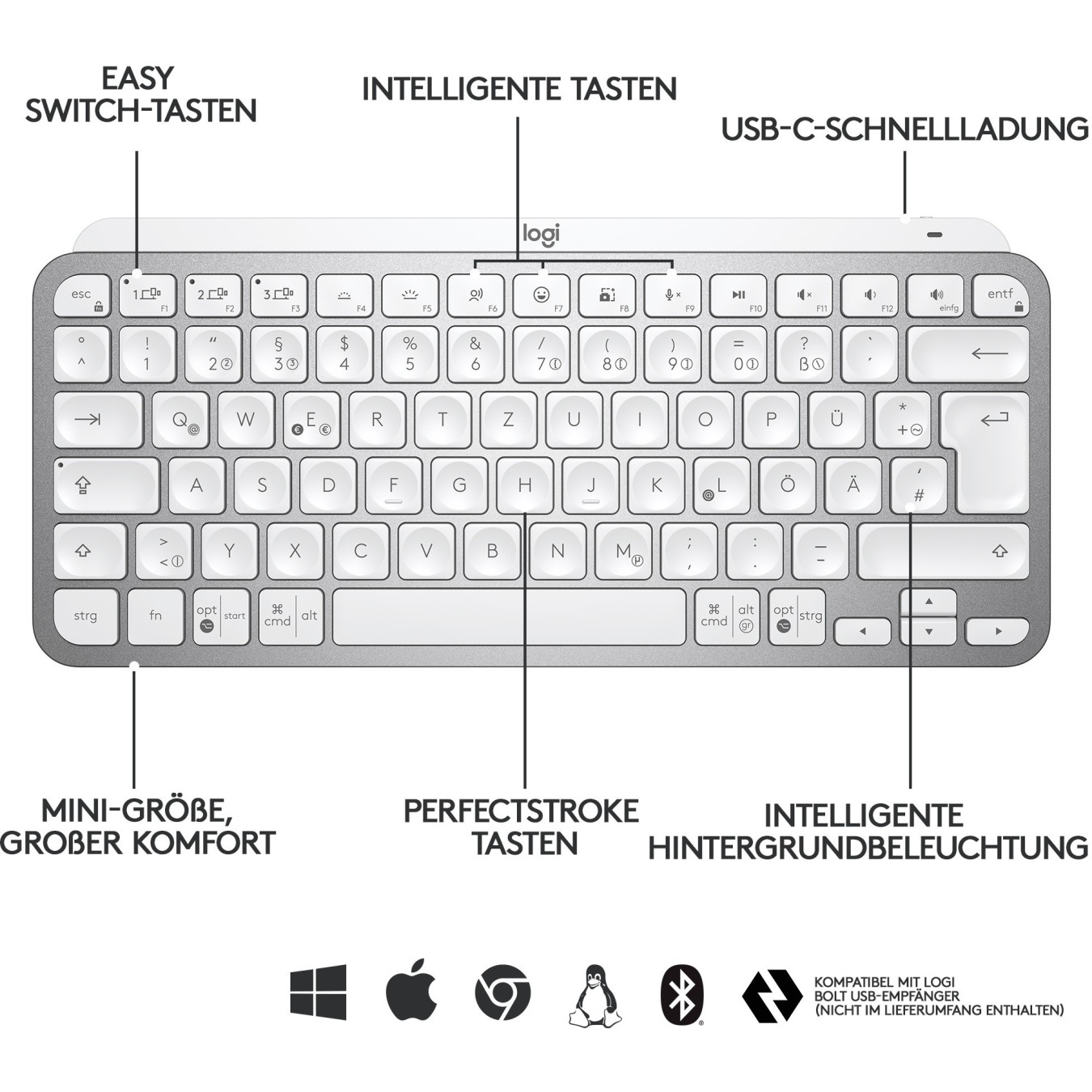 Logitech MX Keys Mini - Compact Wireless QWERTZ Keyboard - Pale Gray, LED Backlight, Bluetooth & Logi Bolt