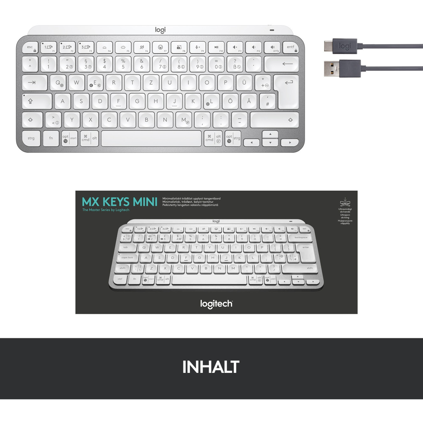 Logitech MX Keys Mini - Compact Wireless QWERTZ Keyboard - Pale Gray, LED Backlight, Bluetooth & Logi Bolt