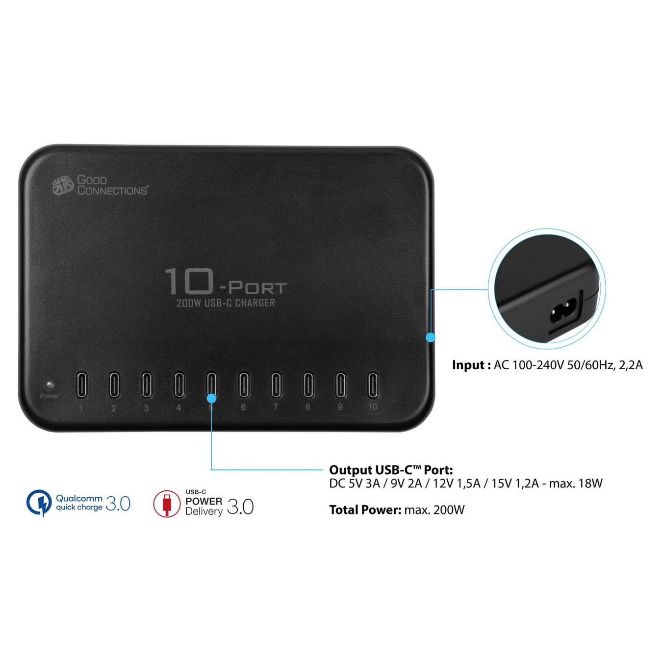 Buy GoodConnections USB Desktop Schnellladestation 200W 10-Port USB-C Schwarz in Cyprus, Nicosia, Limassol, Larnaka, Pafos