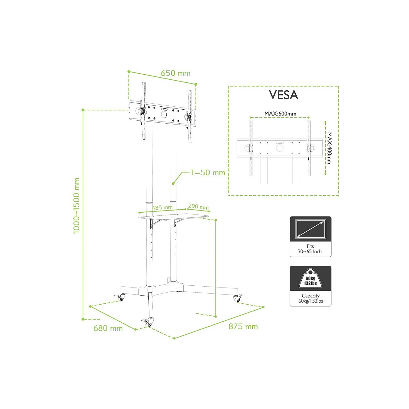 Buy Techly TV LED LCD Wagen f. LCD LED TV 30'-65' höhenverstellb in Cyprus, Nicosia, Limassol, Larnaka, Pafos