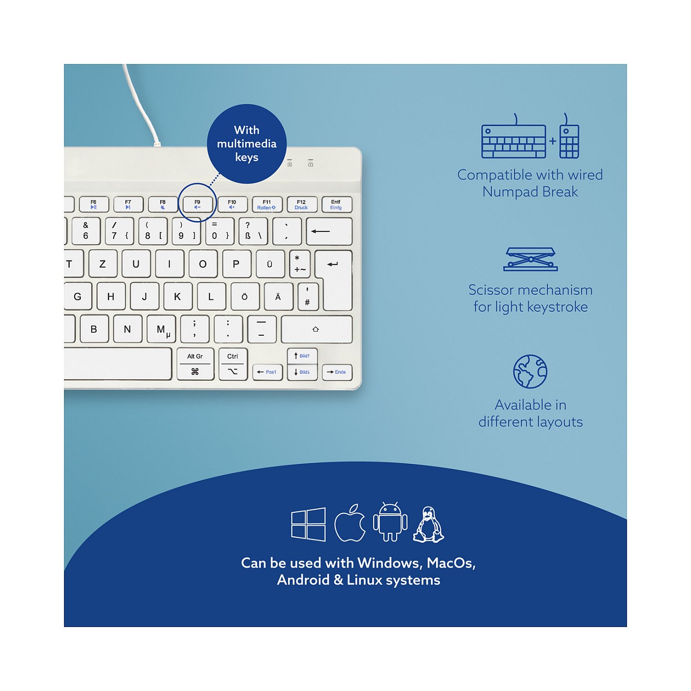 Buy R-Go Compact Break ergonomische Tastatur QWERTZ (DE), verkabelt, weiß in Cyprus, Nicosia, Limassol, Larnaka, Pafos
