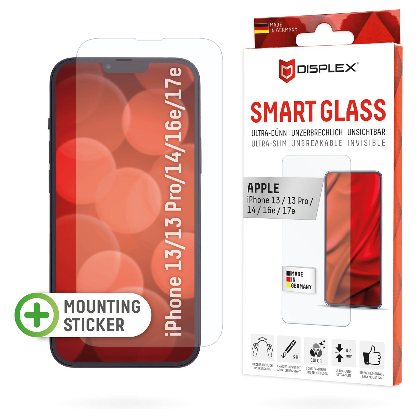 Buy DISPLEX Smart Glass (9H) für Apple iPhone 13 13 Pro 14 16e Montagesticker. unzerbrechlich. ultra-dünn. unsichtbar in Cyprus,