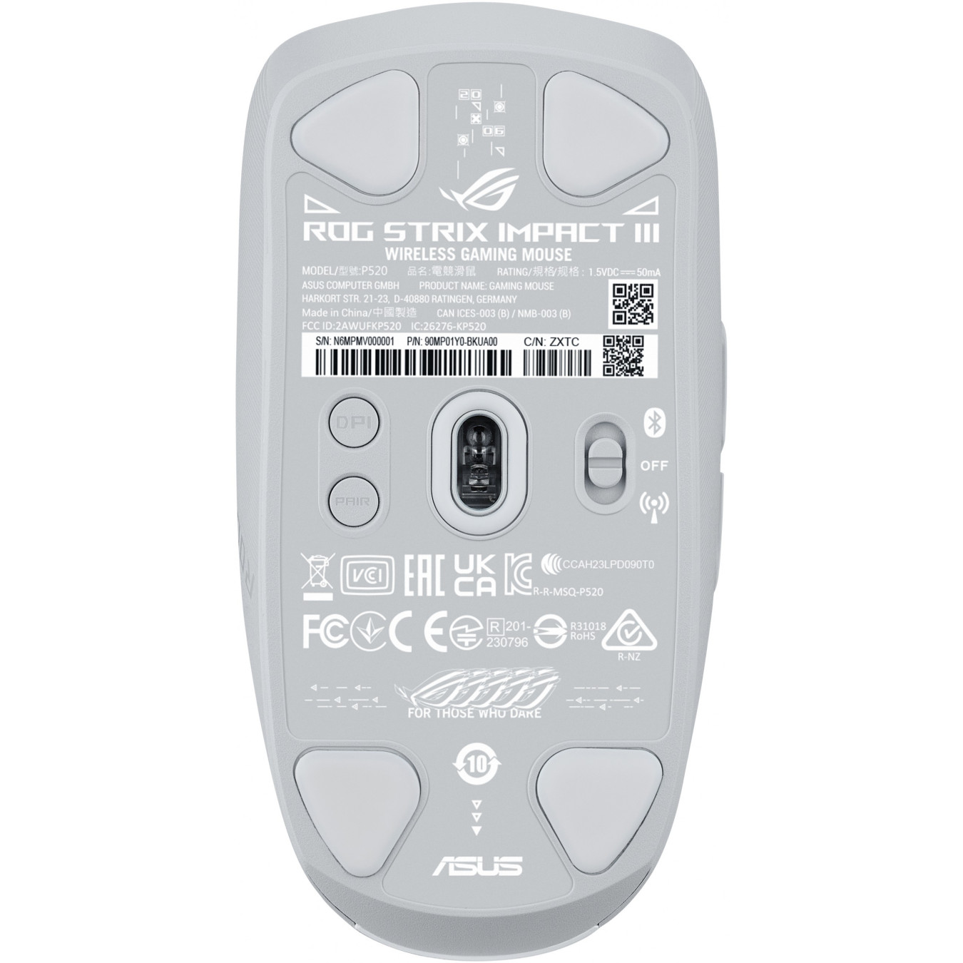 ASUS ROG Strix Impact III Wireless - Ambidextrous Gaming Mouse - White, 36000 DPI, RF 2.4GHz & Bluetooth 5.1