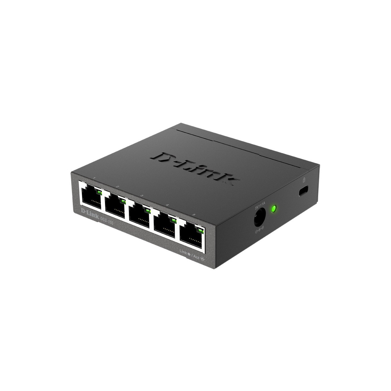 D-Link DGS-105 - 5-Port Gigabit Unmanaged L2 Switch - Black Metal, Fanless, 10/100/1000 Mbps