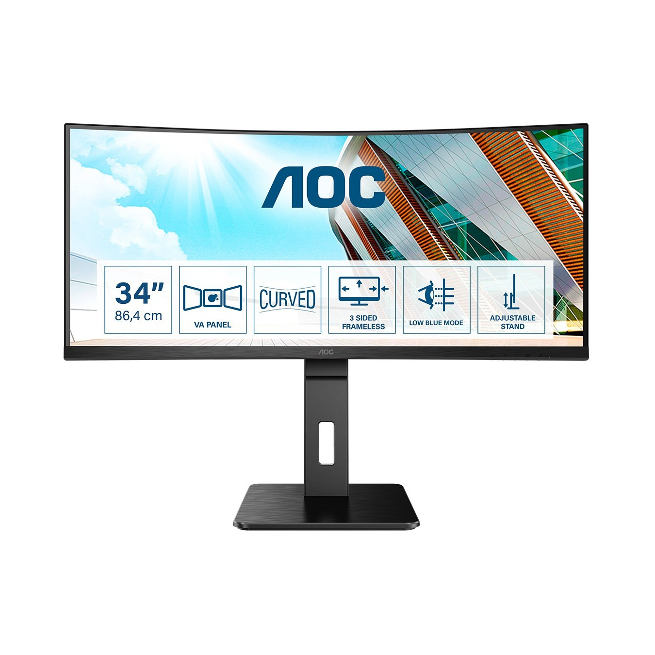 AOC CU34P2A - 34in Curved UWQHD (3440x1440) VA Monitor, 21:9, 100Hz, 1ms, HDMI/DP, 4x USB-A, Speakers, Black