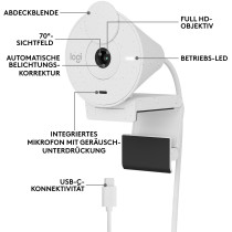 Logitech BRIO 300 - Full HD 1080p Webcam (White) - 30 fps, Built-in Microphone, Privacy Cover