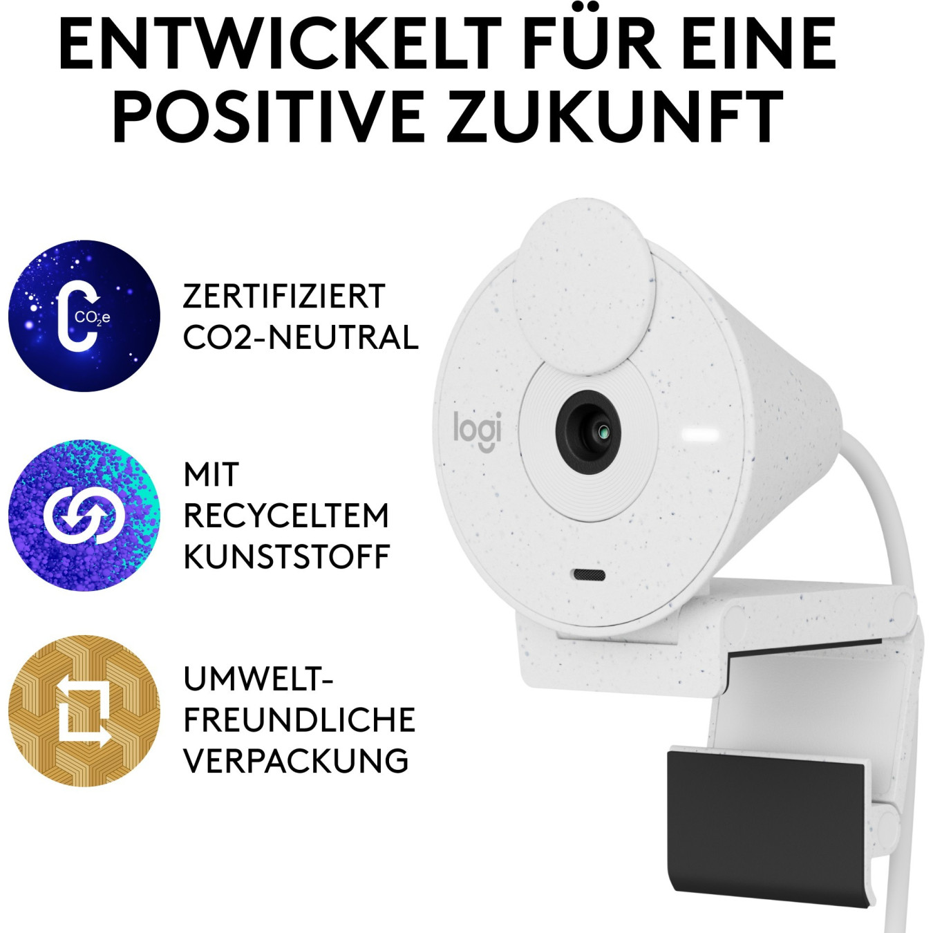 Logitech BRIO 300 - Full HD 1080p Webcam (White) - 30 fps, Built-in Microphone, Privacy Cover