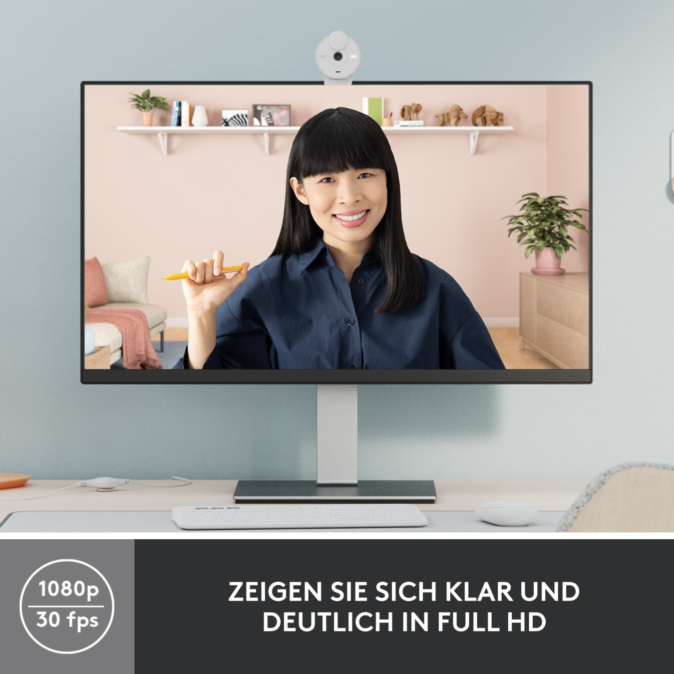 Logitech BRIO 300 - Full HD 1080p Webcam (White) - 30 fps, Built-in Microphone, Privacy Cover