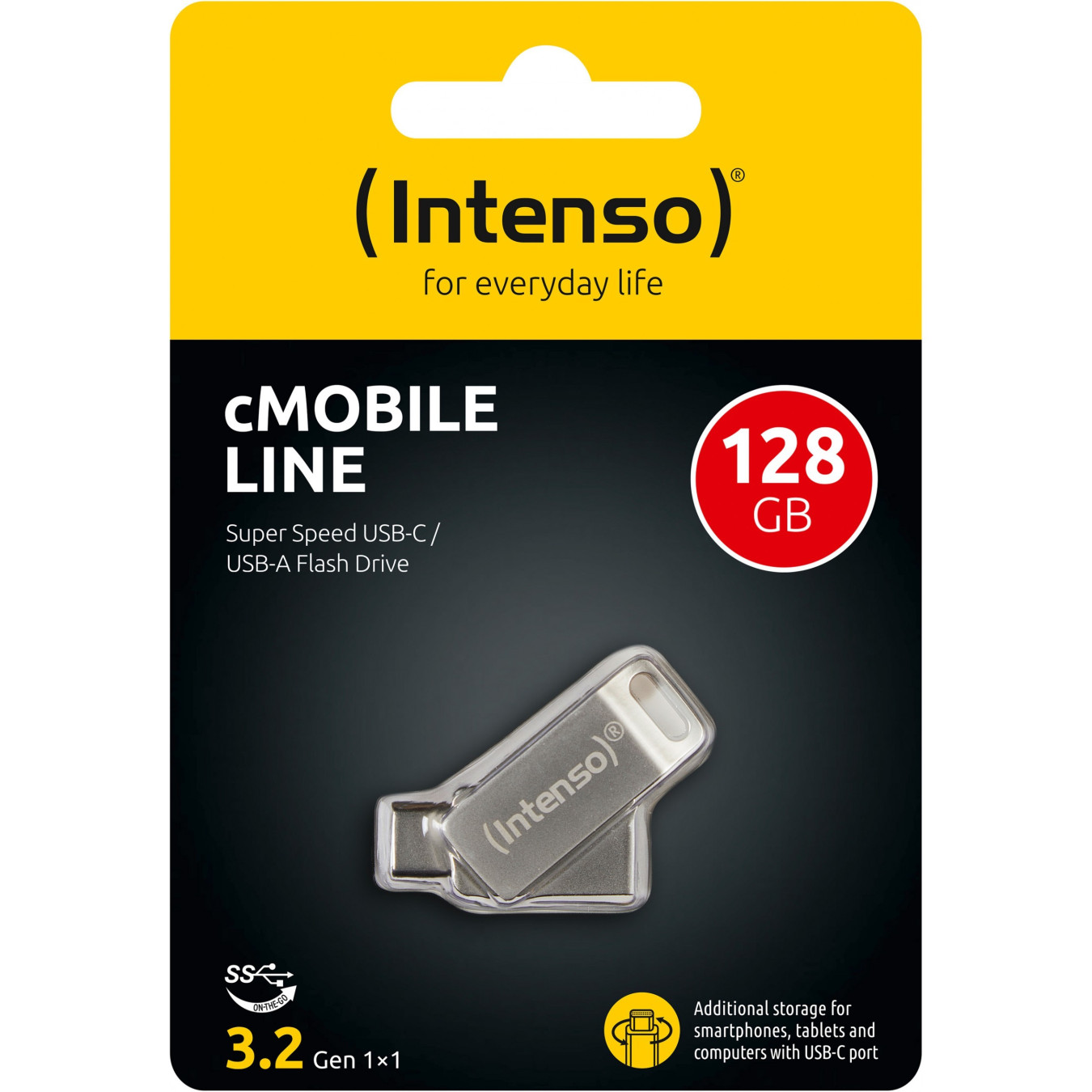 Intenso cMobile Line - 128GB USB-C/USB-A Flash Drive - Silver, USB 3.2 Gen1, 70 MB/s, Swivel Keyring