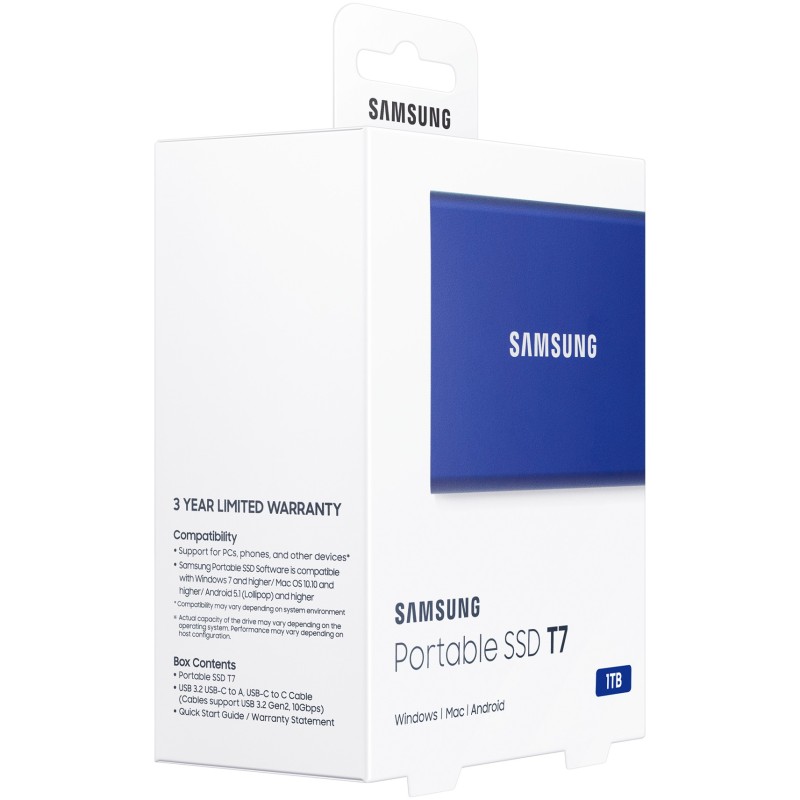 Buy Samsung Portable SSD T7 - 1TB - Blue, USB-C (USB 3.2 Gen2), 1050 MB/s, AES-256 in Cyprus, Nicosia, Limassol, Larnaka, Pafos