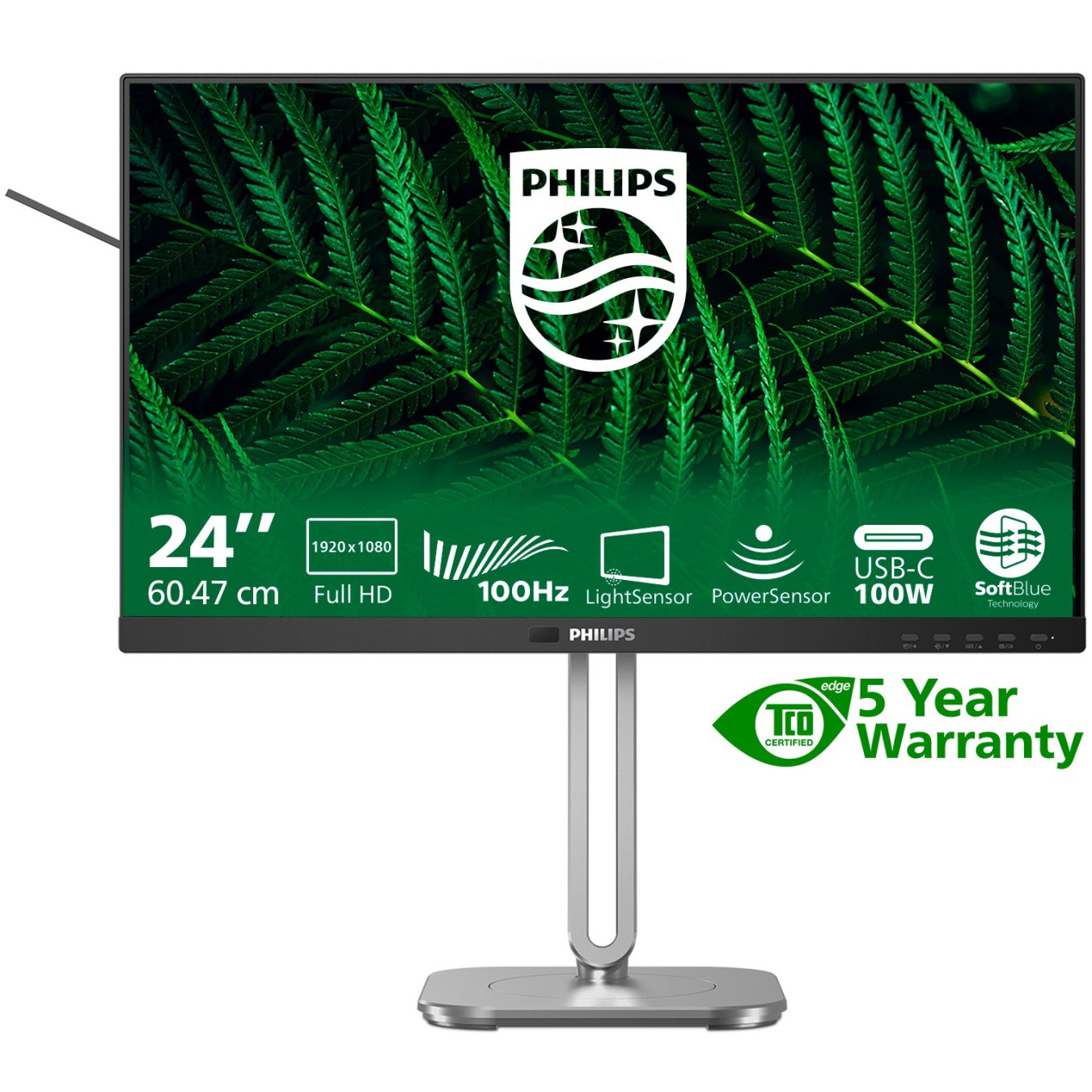 Philips 24B2G5301 - 23.8in (60.5cm) IPS FHD Monitor - USB-C PD100W, HDMI & DP, 4ms, 60Hz, Black